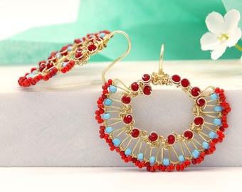 Pendientes colgantes de cuentas de turquesa roja: Joyería bohemia de alambre de cobre dorado