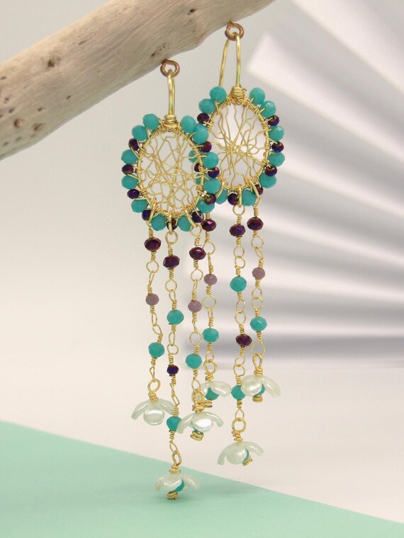 Gold Chandelier Earrings, Boho Elegant Handmade Wire Jewelry  display picture 3