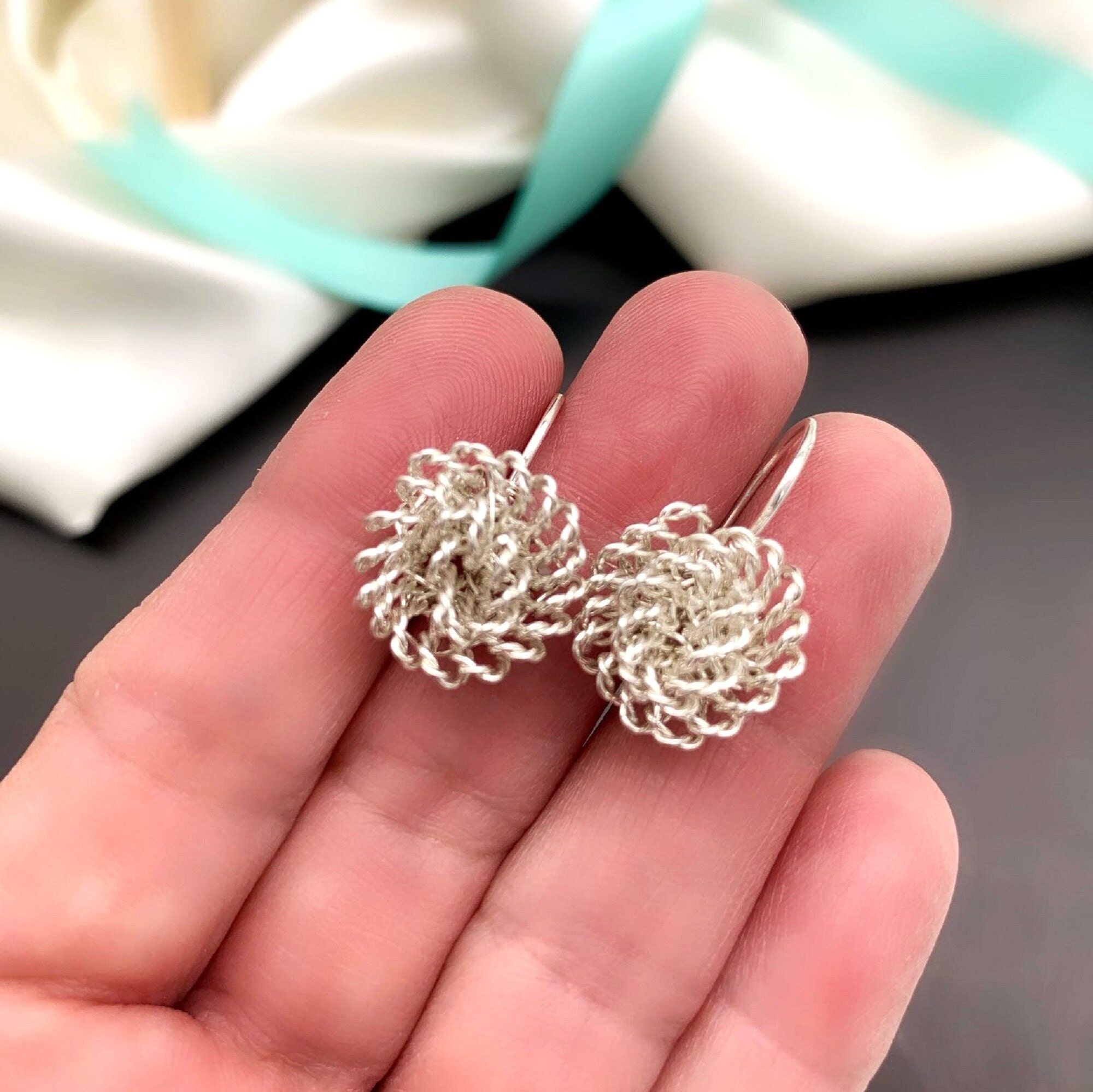 Sterling Silver Dahlia Earrings, Flower Earrings Dangle