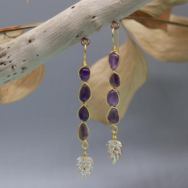 Amethyst Dangle Earrings: Gold Leaf, Boho Wire Wrap Gemstone Jewelry Gifts for Christmas