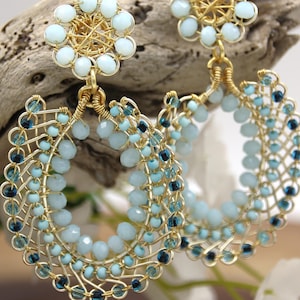 Filigree Teardrop Dangle Earrings: Baby Blue Czech Crystal, Gold Copper Wire