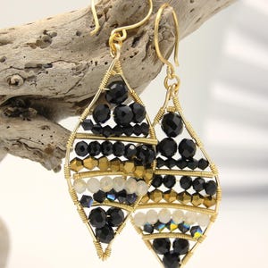 Teardrop Beaded Dangle Earrings: Black, Gold, and White Crystal Boho Jewelry