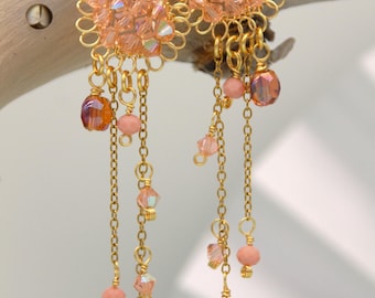 Rose Peach Swarovski Crystals Chandelier Earrings Dangle, Handmade Boho Gold Copper Wire Wrapped Jewelry