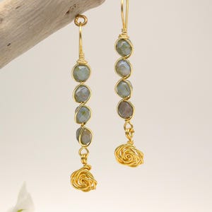 Elegant Long Flower & Green Crystal Earrings – Handmade Boho Jewelry, Gold Wire Wrap Dangle Earrings, Dainty Rose Earrings, Gift for Her