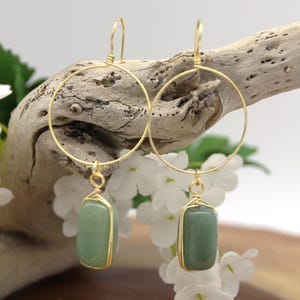 Green Jade Hoop Earrings Dangle, Boho Gold Copper Wire Wrap Jewelry, Handmade Drop Earring for Women, Statement Artisan Earring Gift for Her