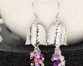 Purple and Pink Sterling Silver Gemstone Tulip Flower Earrings, Dangle Jade Earrings, Handmade Floral Jewelry Mother's Day Gifts for Her