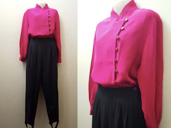 Pink Silk Blouse | Vintage Silk Button Front Blou… - image 1