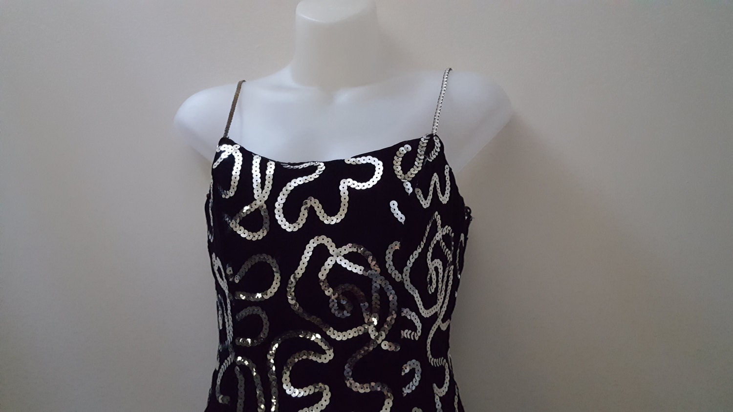 Vintage 1980s Dress // 80s Sequin Black Velvet Spaghetti Strap | Etsy