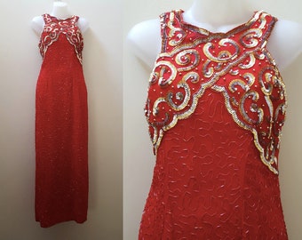 1980s Beaded Dress / 80s Silk Red and Gold Beaded Maxi Dress