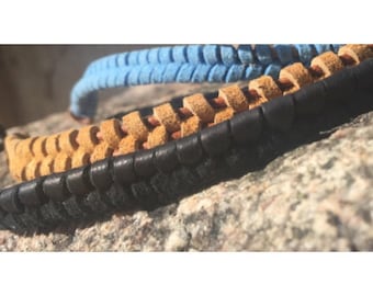 Woven Leather Bracelets. Black Leather / Buckskin / Tan Deerskin / Blue Suede Adjustable Braided Bracelets. Handmade Genuine Leather Jewelry