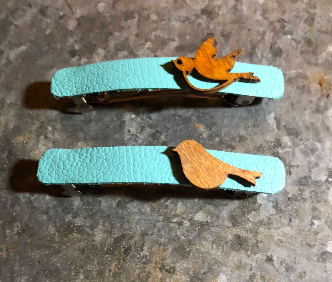 Turquoise Leather Barrettes Set 2. Unique Hair Clips / Genuine Leather