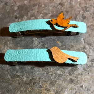 Turquoise Leather Barrettes Set (2). Unique Hair Clips / Genuine Leather Hair Accessories (Turquiose/Black/Brown) Natural Wood Bird Accents.