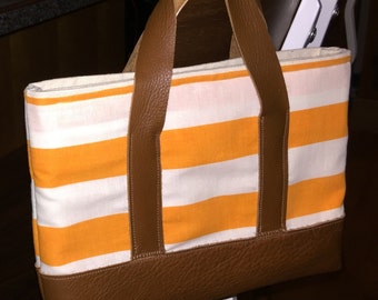Orange & White Stripe Handbag, Genuine Leather Top Handle Bag, Handmade Purse, Vintage Fabric, Top Quality Heavy Weight Duck Canvas Interior
