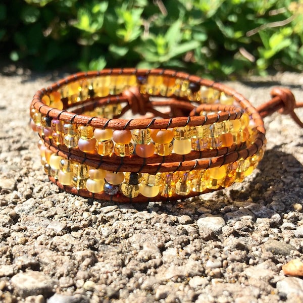 Czech Glass Bead 2x Wrap Bracelet. Woman's Beaded Double Wrap Bracelet. Topaz Mix Glass Bead Bracelet. Handmade Genuine Leather Jewelry.