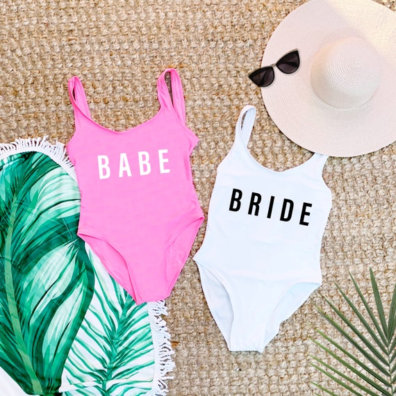 Beach Bachelorette, Swimsuits, Bathing Suits, Honeymoon Swimsuit,  Bridesmaid Gifts, Bachelorette Shirts, Beach Bride, One Piece, Babe 14-2ab  