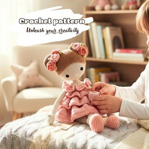 Gehaakt poppenpatroon, haakpatroon amigurumi-pop, pdf-meisjespop, poppenpatroon, pop in een prachtige jurk, pop met roos,