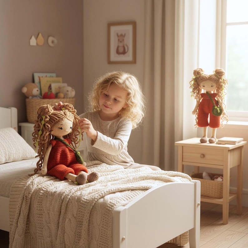 May include: Two handmade crochet dolls featuring long curly yarn hair styled in double buns, wearing rust-coloured jumpsuits with small green crossbody bags. The dolls have embroidered facial features and are crafted with light-coloured yarn.