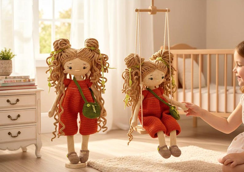 May include: Two handmade crochet dolls with long curly light brown hair styled in two buns. Each doll wears a red jumpsuit, a small green crossbody bag, and brown shoes. One doll stands on a circular base, while the other sits on a wooden swing.