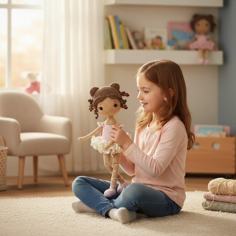 Puede incluir: Mu&ntilde;eca de ganchillo con cabello casta&ntilde;o y tut&uacute; rosa y blanco. La mu&ntilde;eca es sostenida por una ni&ntilde;a. La mu&ntilde;eca lleva zapatillas de ballet rosas. El fondo incluye una silla, una estanter&iacute;a y un cofre de juguetes de madera.