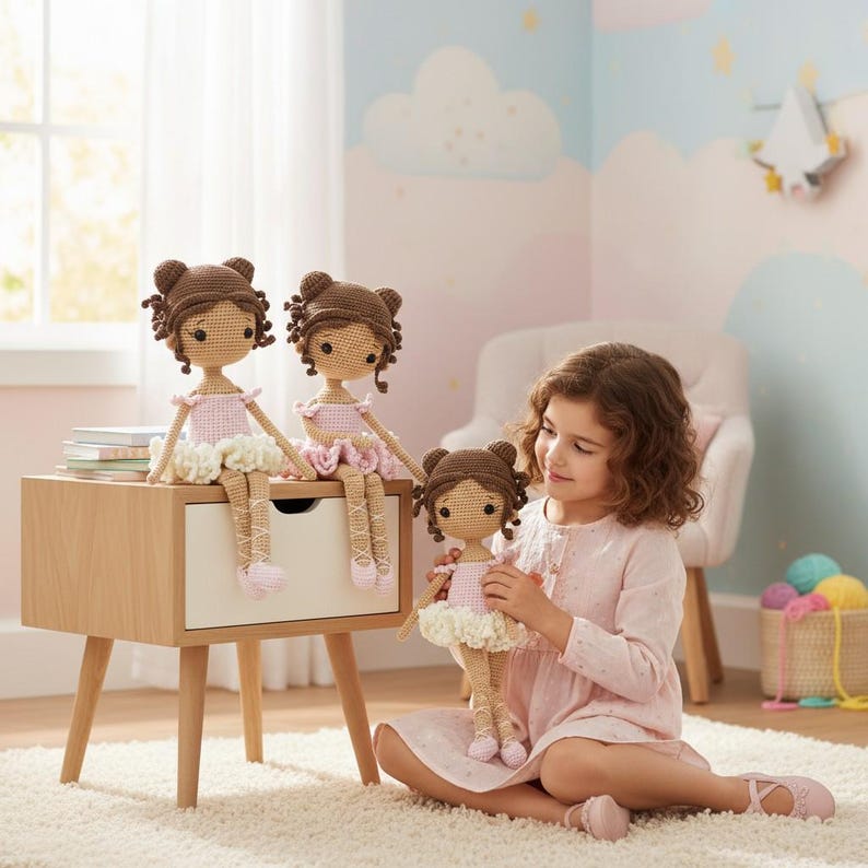 Puede incluir: Tres mu&ntilde;ecas de bailarina de ganchillo hechas a mano con cabello casta&ntilde;o y tut&uacute;s rosas est&aacute;n sentadas en una mesita de noche de madera. Una ni&ntilde;a con un vestido rosa sostiene una mu&ntilde;eca similar. Las mu&ntilde;ecas tienen detalles y est&aacute;n sobre una alfombra blanca.