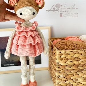 Crochet doll pattern, Crochet pattern amigurumi doll, PDF girl doll, Doll pattern, Doll in a magnificent dress, doll with rose, image 3