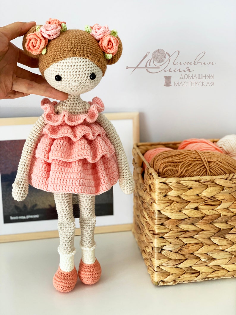 Crochet doll pattern, Crochet pattern amigurumi doll, PDF girl doll, Doll pattern, Doll in a magnificent dress, doll with rose, image 3