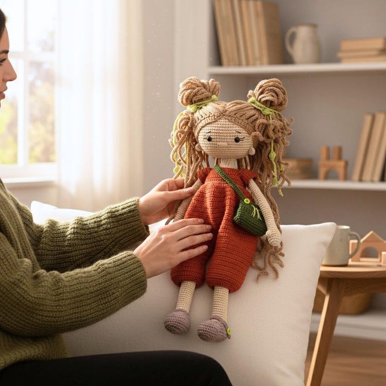 May include: A handmade crochet doll with long, curly light brown hair styled in two high buns with green accents. The doll wears a rust-coloured jumpsuit and carries a small, dark green crossbody bag. It has a cream-coloured face with embroidered eyes.