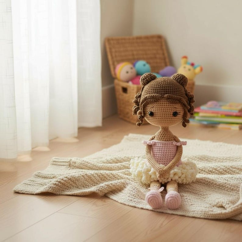 Puede incluir: Mu&ntilde;eca de bailarina hecha a mano con ganchillo, con cabello casta&ntilde;o, corpi&ntilde;o rosa y tut&uacute; blanco. La mu&ntilde;eca est&aacute; sentada sobre una manta crema. En el fondo, una cesta de mimbre con otros juguetes. La mu&ntilde;eca mide unos 20 cm de alto.