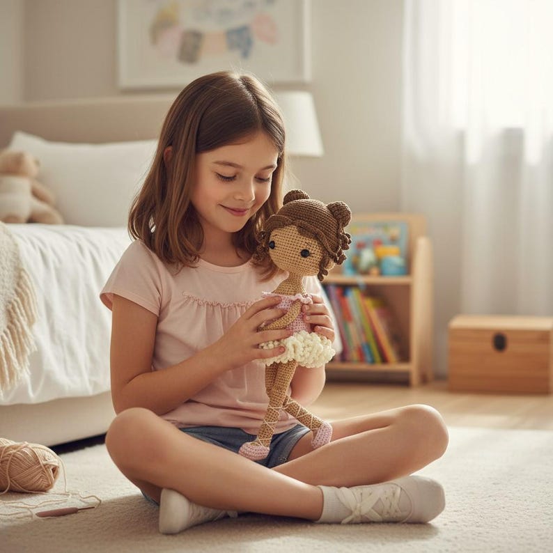 Puede incluir: Una mu&ntilde;eca de ganchillo con cabello casta&ntilde;o y un tut&uacute; rosa y blanco es sostenida por una persona. La mu&ntilde;eca tiene un tono de piel claro y lleva zapatillas de ballet rosas. La persona est&aacute; sentada en una alfombra de color claro.