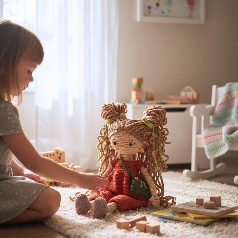 May include: A handmade crochet doll with long, curly light brown yarn hair styled in two high buns with green accents. The doll wears a rust-coloured dress and a small green crossbody bag, featuring embroidered facial details and light brown shoes.