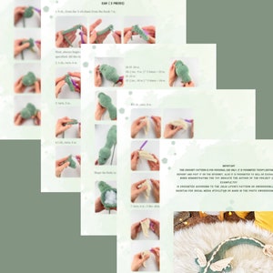May include: Crochet pattern instructions for making a green dragon amigurumi toy. The pattern includes instructions for the ears, body, and wings. The pattern is for personal use only and is not to be copied or sold.
