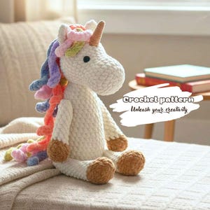 Patrón de unicornio de ganchillo, juguete amigurumi para niños, peluche con melena arcoíris