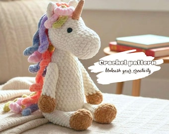Einhorn Häkelanleitung, Amigurumi Spielzeug für Kinder, Regenbogen Mähne Kuscheltier