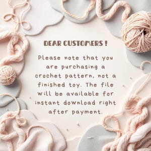 May include: A soft, neutral-toned image with text that reads "DEAR CUSTOMERS! Please note that you are purchasing a crochet pattern, not a finished toy. The file will be available for instant download right after payment." The image includes yarn and crochet elements.