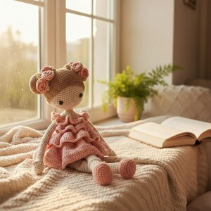 Pu&ograve; includere: Una bambola all'uncinetto fatta a mano con testa marrone chiaro e vestito rosa, ornata da dettagli di rose. La bambola &egrave; seduta su un davanzale con un libro e una pianta in vaso, creando una scena accogliente e stravagante. L'abito della bambola ha un design a balze.
