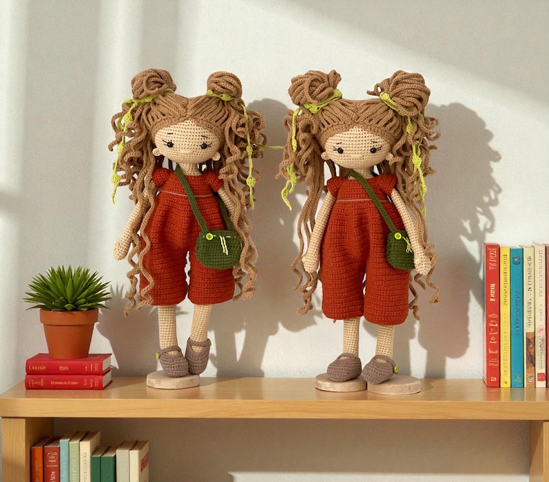May include: Two identical handmade crochet dolls with long curly brown yarn hair styled in double buns with lime green accents. Each doll wears a rust-coloured jumpsuit and a small green crossbody bag, standing on circular wooden bases.