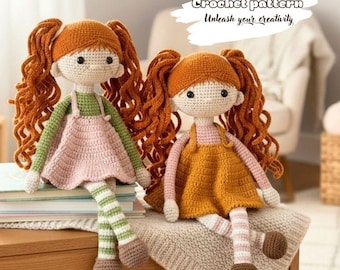 Patrón de muñeca de ganchillo, niña amigurumi de pelo rizado, descarga instantánea en PDF.