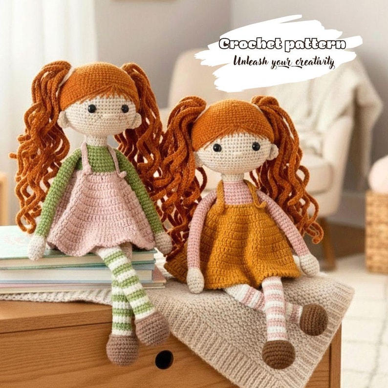 May include: Two handmade crochet dolls with red curly hair, wearing dresses and striped leggings. One doll has a pink dress and green straps, the other has an orange dress. The dolls are sitting on a wooden surface. Text on the image reads "Crochet pattern Unleash your creativity."