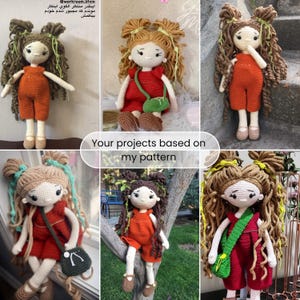 May include: A collection of six handmade crochet dolls featuring yarn hair styled in pigtails with various coloured ribbons. Each doll wears a solid-coloured romper in shades of red or orange, and some dolls are accessorised with small crochet bags.