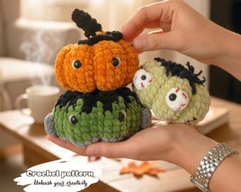May include: Three plush crochet toys featuring an orange pumpkin with a black stem, a green monster with black hair, and a light green creature with black hair and red-rimmed eyes. The text Crochet pattern Unleash your creativity is visible.