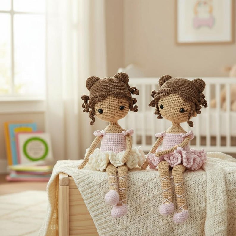 Puede incluir: Dos mu&ntilde;ecas de bailarina de ganchillo hechas a mano. Cada mu&ntilde;eca tiene cabello casta&ntilde;o peinado en un mo&ntilde;o, un maillot rosa y un tut&uacute; blanco o rosa. Las mu&ntilde;ecas llevan zapatillas de ballet rosas.