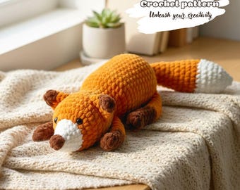 May include: A crocheted fox toy in shades of orange, brown, and white, lying on a beige blanket. The fox has a white muzzle and tail tip, with brown accents on its ears and paws. The image includes the text "Crochet pattern Unleash your creativity."