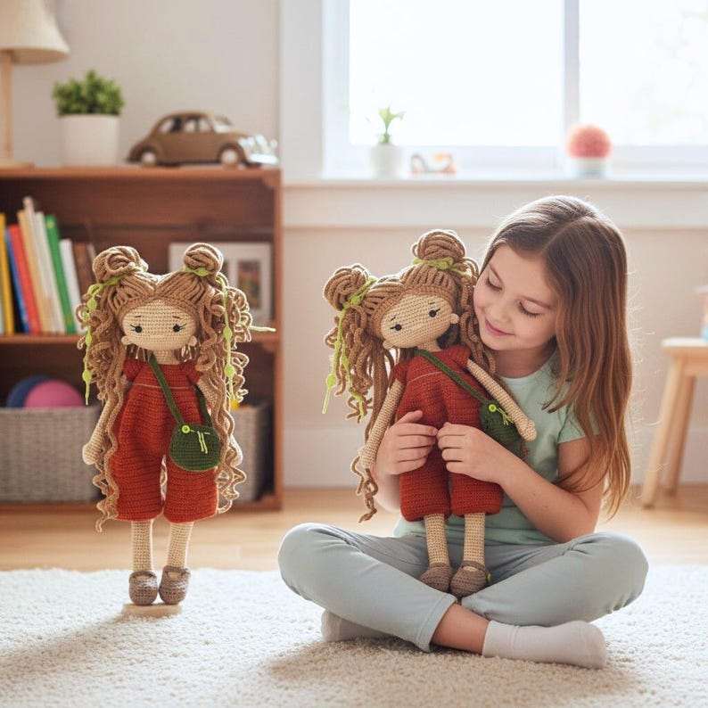 May include: Two handmade crochet dolls with long curly brown yarn hair styled in double buns, wearing rust-coloured jumpsuits and small green crossbody bags. The dolls have embroidered facial features and are crafted with light beige yarn.