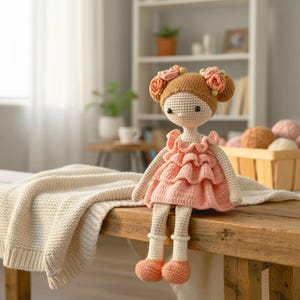Pu&ograve; includere: Una bambola all'uncinetto fatta a mano con uno chignon marrone chiaro adornato con fiori rosa. La bambola indossa un vestito rosa a balze, calzini bianchi e scarpe color pesca. &Egrave; seduta su una superficie di legno.