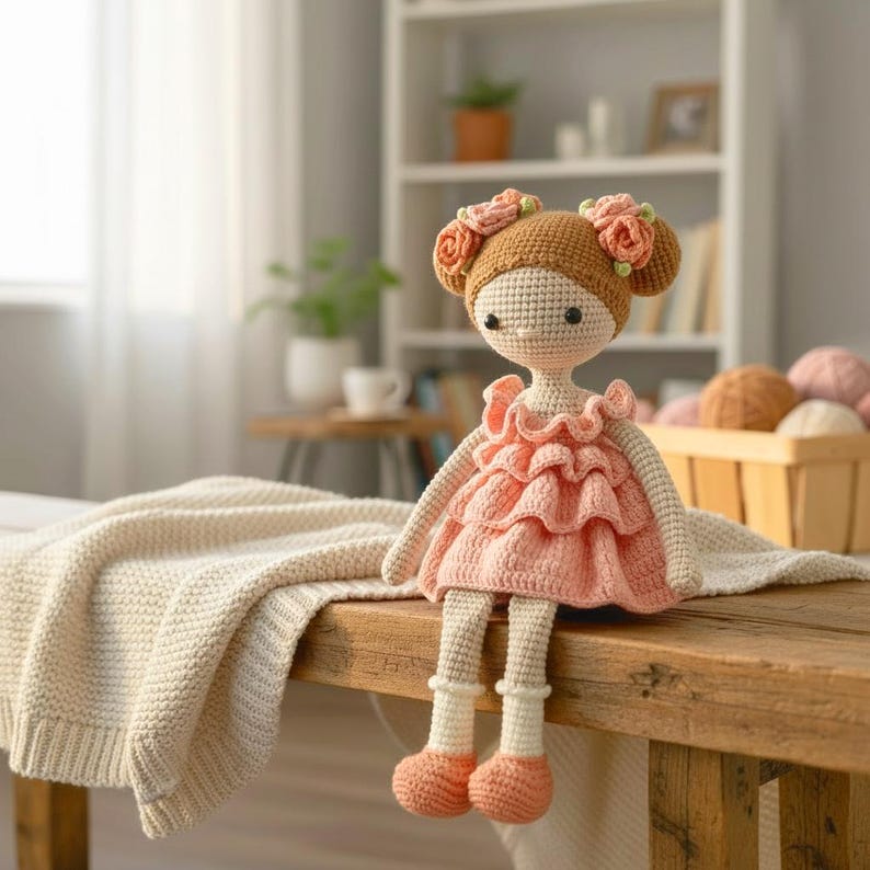 Pu&ograve; includere: Una bambola all'uncinetto fatta a mano con uno chignon marrone chiaro adornato con fiori rosa. La bambola indossa un vestito rosa a balze, calzini bianchi e scarpe color pesca. &Egrave; seduta su una superficie di legno.