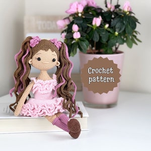 crochet doll pattern, amigurumi pattern, amigurumi doll,crochet doll in pink dress,crochet toy,curly crochet doll, knit doll, PDF girl doll