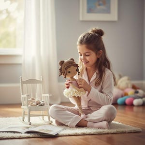 Puede incluir: Una mu&ntilde;eca de ganchillo con cabello casta&ntilde;o, un vestido rosa y un tut&uacute; blanco es sostenida por una persona. Una peque&ntilde;a mecedora blanca y un libro est&aacute;n en el fondo. La escena tiene lugar en una habitaci&oacute;n acogedora.