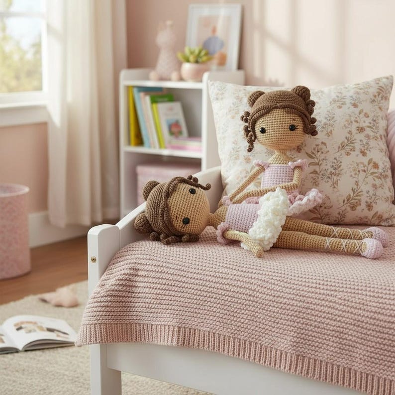Puede incluir: Dos mu&ntilde;ecas de bailarina de ganchillo hechas a mano. Una mu&ntilde;eca est&aacute; de pie, la otra est&aacute; acostada. Ambas mu&ntilde;ecas tienen cabello casta&ntilde;o, tut&uacute;s rosas y zapatillas de ballet. Descansan sobre una manta rosa tejida en un marco de cama blanco.