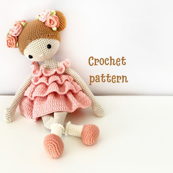 Crochet doll pattern, Crochet pattern amigurumi doll, PDF girl doll, Doll pattern, Doll in a magnificent dress, doll with rose,