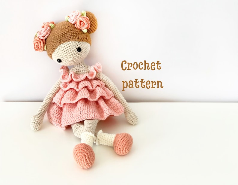 Crochet doll pattern, Crochet pattern amigurumi doll, PDF girl doll, Doll pattern, Doll in a magnificent dress, doll with rose, image 1